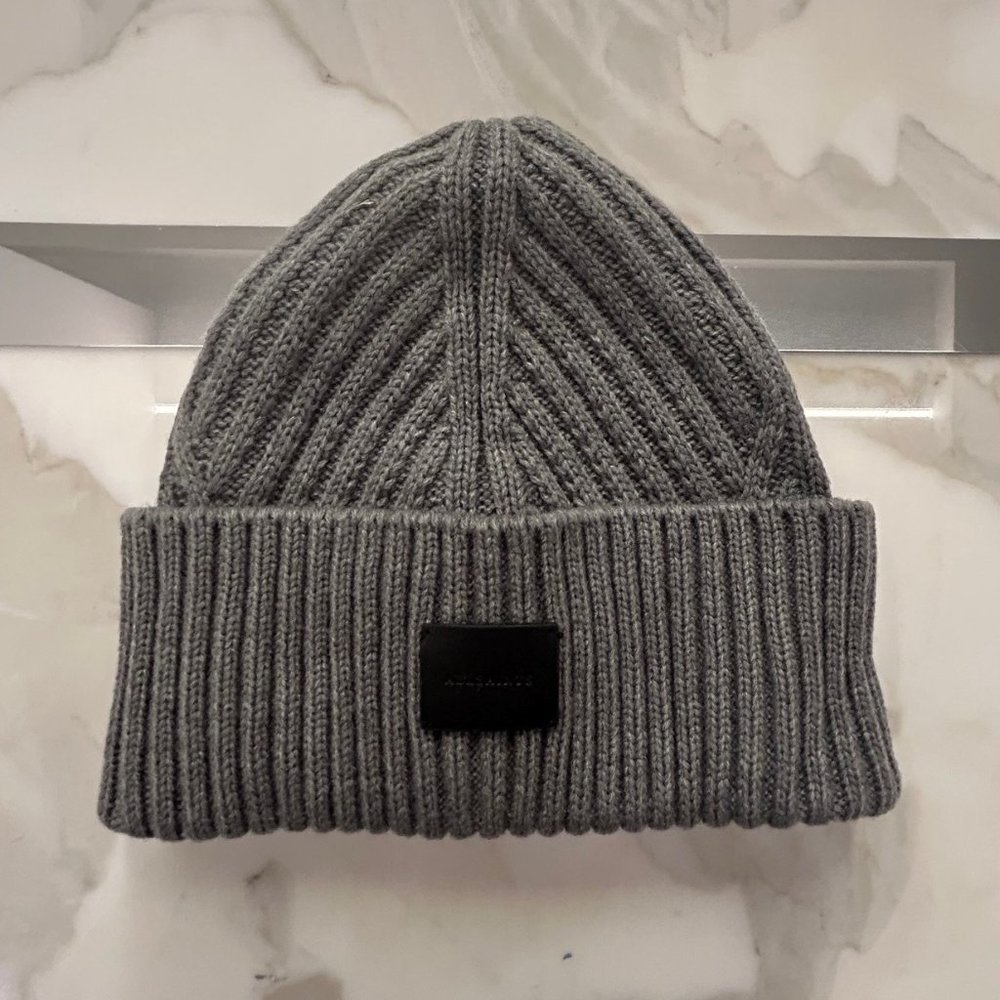All Saints Traveling Rib Grey Marl Beanie with Patch NEW